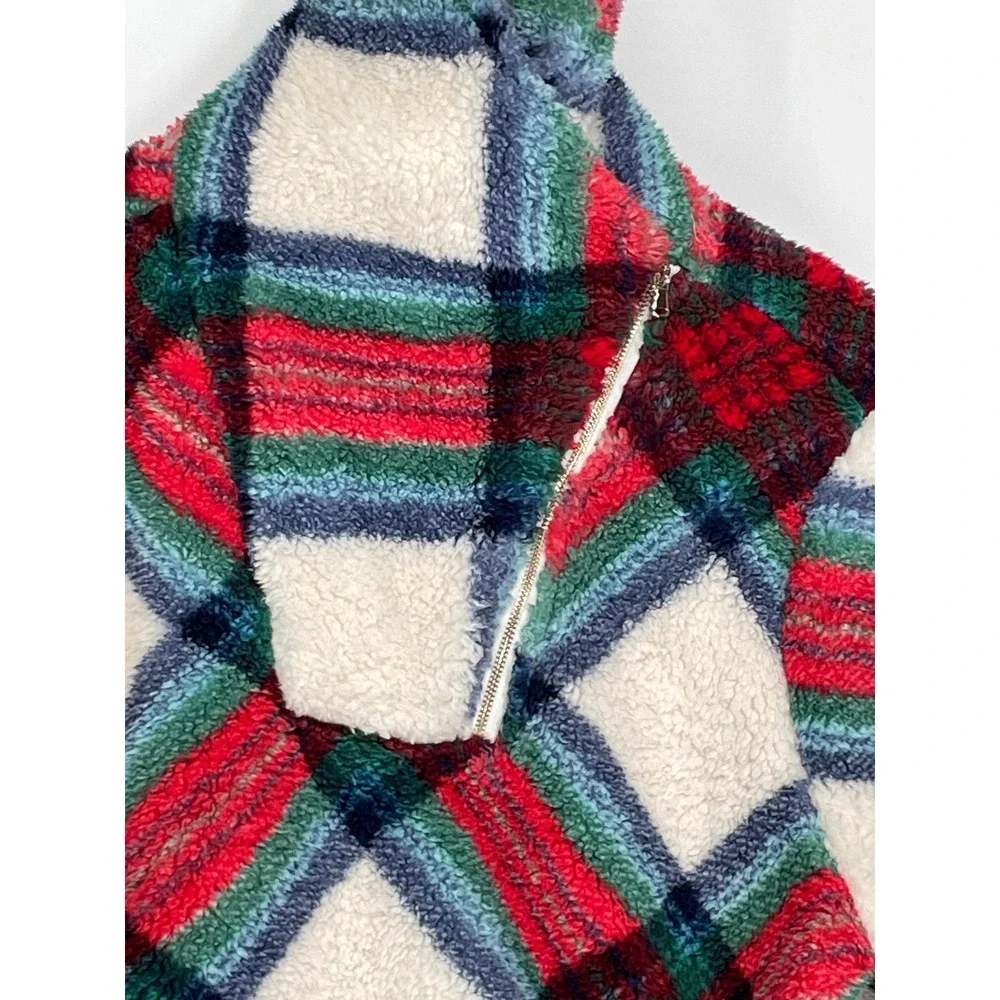 Talbots‎ Womens Pullover XL Sherpa Fleece Multicolor Plaid Shawl Zip